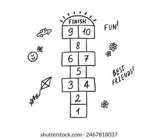 Hopscotch kid activity doodle outline game icon. Hopscotch with black numbers. Outdoor summer game. Hand drawn vector isolated game. Vector illustration