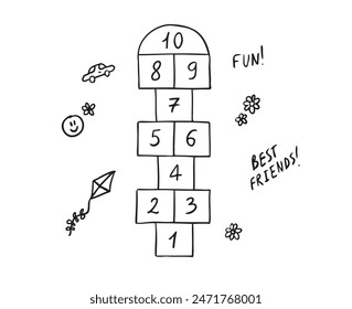 Hopscotch kid activity doodle outline game icon. Hopscotch with black numbers. Outdoor summer game. Hand drawn vector isolated game. Vector illustration