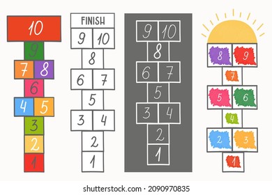 Hopscotch kid activity game. 4 types of games. Drawn on chalk asphalt, floor on paper or plastic. Jumping on cells. Hand drawn vector illustration