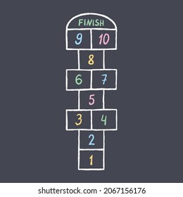 Hopscotch kid activity game. Hopscotch with color numbers drawn in chalk on asphalt. Outdoor summer game. Hand drawn vector illustration.
