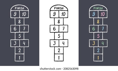 Hopscotch kid activity game. Hopscotch with color numbers drawn in chalk on asphalt. Outdoor summer game. Hand drawn vector illustration.