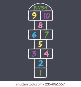 Hopscotch kid activity game. Hopscotch with color numbers drawn in chalk on asphalt. Outdoor summer game. Hand drawn vector illustration.