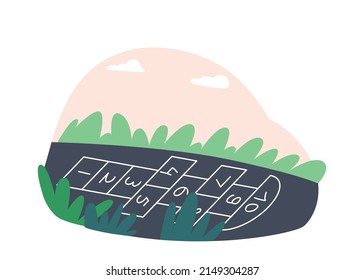 Hopscotch Kid Activity Game. Hop Scotch with Color Numbers Drawn in Chalk on Asphalt. Outdoor Summer Game. Hand Drawn Grid with Digits Painted on Street, Road or House Yard. Vector Illustration