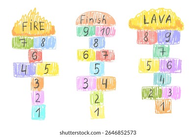 Hopscotch kid jumping game with number drawn on street with chalk or crayon pencil texture