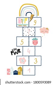 Hopscotch kids game with  cute graphics. Vector hand drawn illustration.