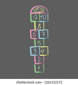 Hopscotch with sun.childrens game drawn with colored chalks.playground with numbers.isolated vector illustration.