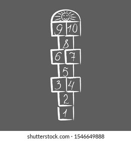 Hopscotch with sun.childrens game drawn with white chalk.playground with numbers.isolated vector illustration.