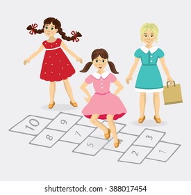 Hopscotch vector, girls playing