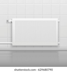 Hor water radiator heating with temperature control knob on tiled wall side view realistic image vector illustration 