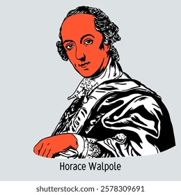 Horace Walpole was an English writer, founder of the Gothic novel genre, bibliophile and collector. Hand drawn vector illustration