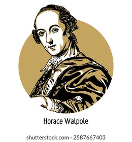 Horace Walpole was an English writer, founder of the Gothic novel genre, bibliophile and collector. Hand drawn vector illustration