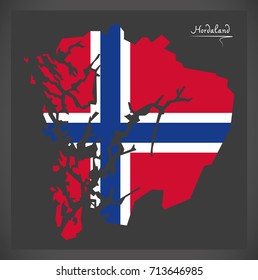 Hordaland map of Norway with Norwegian national flag illustration