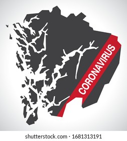 Hordaland NORWAY county map with Coronavirus warning illustration