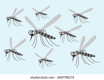 Horde of mosquitoes. Cartoon style vector illustration.