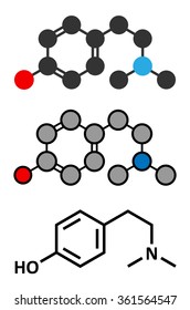 Hordenine (dimethyltyramine) stimulant molecule. Stylized 2D renderings and conventional skeletal formula. 