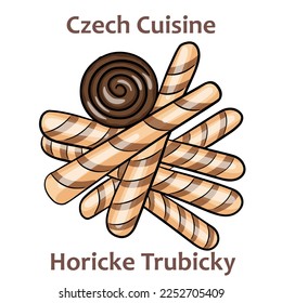 Horicke trubicky. These are made up of two twisted thin wafers filled with a creamy filling with various different flavors. Czech food. Vector image isolated.