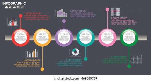Horionztal timeline infographics template 6 options, icons and text, vector eps10 illustration