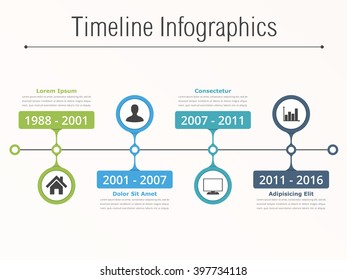 Horionztal timeline infographics template with dates, icons and text, vector eps10 illustration