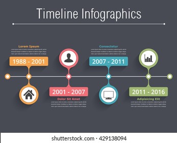 Horionztal timeline infographics template with dates, icons and text, vector eps10 illustration