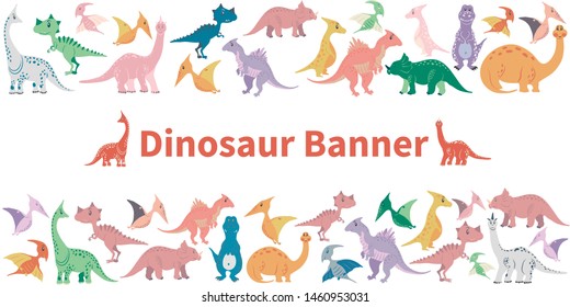 Horisontal banner from cartoon dinosaurs. Cute hand drawn funny illustration of dinosaurs.