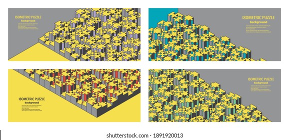 Horisontal banners with isometric jigsaw puzzle. Collection of background for flyers, presentations, covers, booklets. Vector illustration.