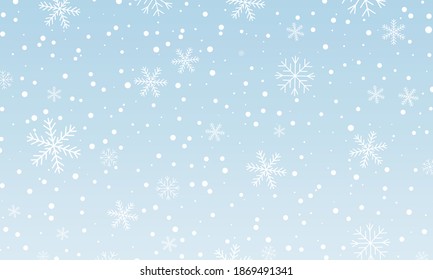 Horisontal blue background with snowfall. Snowy winter Christmas and New Year texture decoration. White falling snowflakes