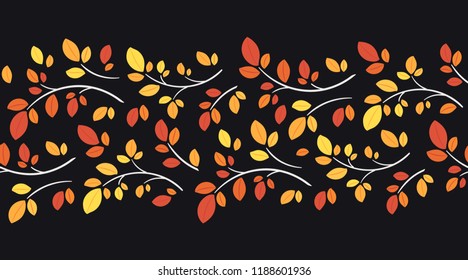 Horisontal border vector autumn ornament. Illustration with botany abstract vector pattern of color plant leaves. Seamless pattern with image of colorful branches of trees or shrubs