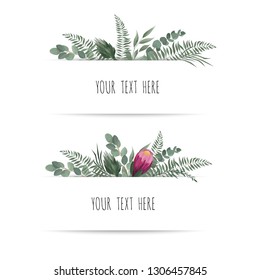 Horisontal botanical vector design banner. Pink rose, eucalyptus, succulents, flowers, greenery. Natural spring card or frame.
