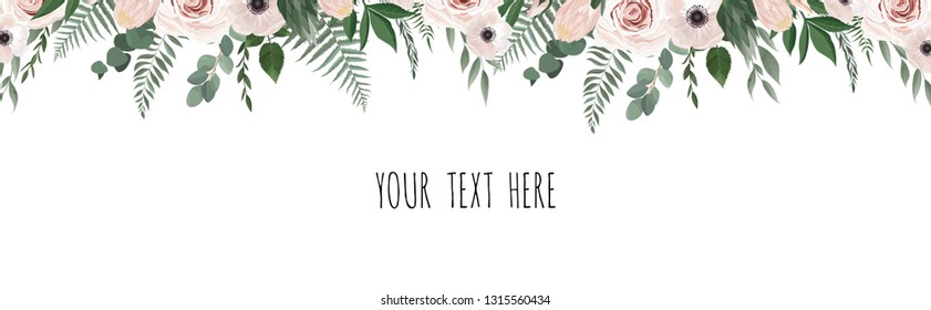 Horisontal botanical vector design banner. Pink rose, eucalyptus, succulents, flowers, greenery. Natural spring card or frame.