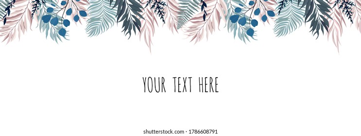 Horisontal botanical vector design banner. Stylized Eucalyptus, succulents, flowers, greenery. Natural spring card or frame.