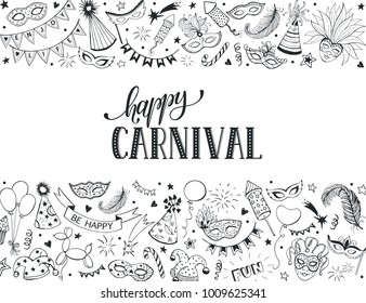 Horisontal carnival vector composition isolated on white background. Hand drawn carnival objects in line art style. Doodle masquerade masks, feathers, firecrackers. Mardi grass traditional symbols.