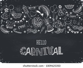 Horisontal carnival vector composition on chalkboard. Hand drawn carnival objects. Masqeurade design elements collection in line art style. Doodle masquerade masks, feathers, firecrackers.