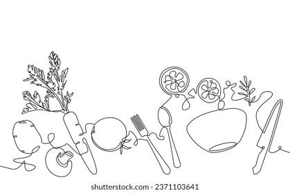 Horisontal continuous line drawing poster with utensils and food. Preparing the salad. Cooking process. Healthy eating. Culinary illustration. Vector background.