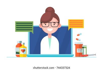 Horisontal the doctor. The nurse answers questions in the laptop. On the table Pills and medications and recipes. Vector flat illustration 