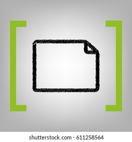 Horisontal document sign illustration. Vector. Black scribble icon in citron brackets on grayish background.