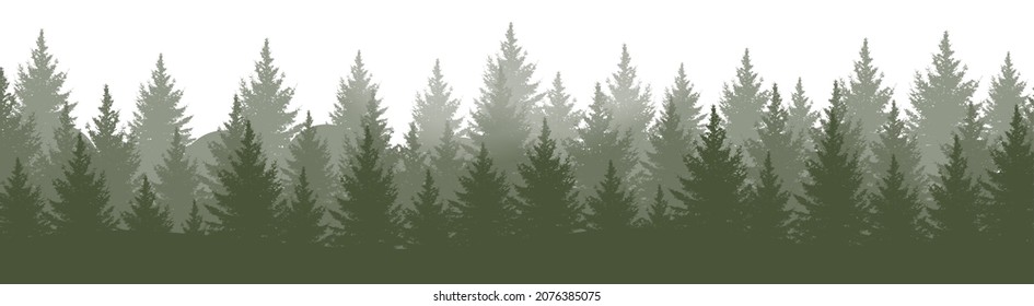 Horisontal green forest landscape panorama vector illustration. Layered trees background