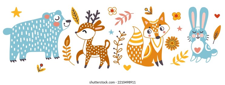 Horisontal greeting card with cute isolated animal deer, bear, fox, rabbit, leaves and flowers vector illustration. White background. For print, fabric, porcelain, bed linen, decor, design templates