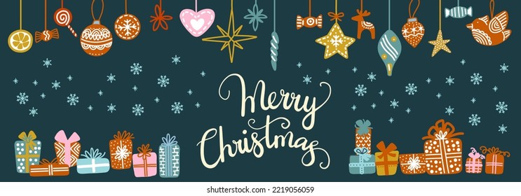 Horisontal greeting card with snowflakes, gifts and Christmas decorations vector illustration on dark blue background. Merry Christmas lettering. For print, design, fabric, porcelain, bed linen, decor