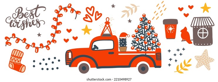 Horisontal greeting card with vintage red truck and Christmas elements vector illustration on white background. Best wishes lettering. For print, design, fabric, porcelain, bed linen, decor