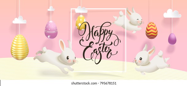 Horisontal Happy Easter banner template with eggs hanging on strings, cute white rabbits jumping around, square border and elegant handwritten inscription. Holiday vector illustration
