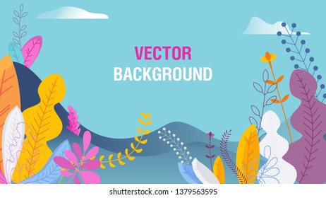 Horisontal Landscape with plants, leaves, flowers. Spring and summer background. Template with copy space for text for banner, greeting card, poster, sites and landing page. Vector flat simple style.