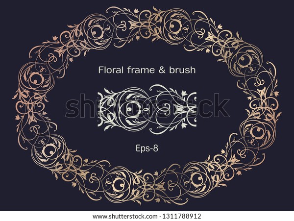 Horisontal oval golden Ornament frame with brushes\
element. Floral ornate Wreath and brush isolated on black\
background. Vintage frame for Save the Date Card, Wedding\
invitation, Covers.\
eps-8