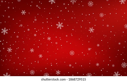 Horisontal red background with snowfall. Snowy winter Christmas and New Year texture decoration. White falling snowflakes