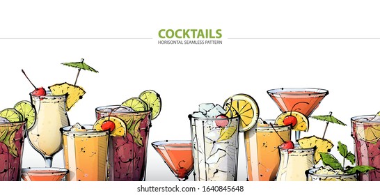 Horisontal seamless pattern whit handdrawn cocktails.