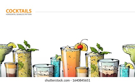 Horisontal seamless pattern whit handdrawn cocktails.