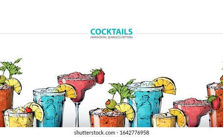 Horisontal seamless pattern whit handdrawn cocktails.