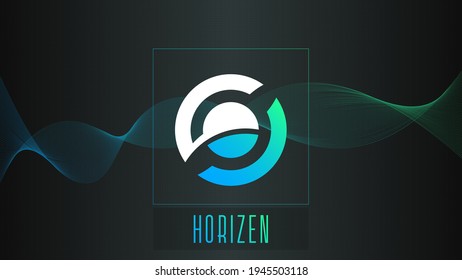 Horizonte criptodivisa color gradiente logotipo sobre fondo oscuro con onda delgada.