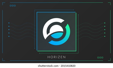 Horizen cryptocurrency colorful gradient logo on dark background with thin line decoration.
