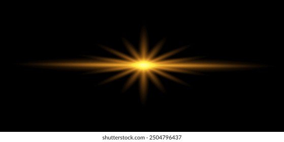 El horizonte brilla amarillo, naranja. Efecto de luz de los destellos de la lente. Efecto de luz brillante Horizontal amarillo con sobre fondo transparente. Ilustración vectorial dispersó la luz. Un rayo láser en el horizonte.