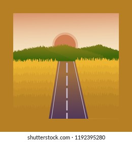 Horizon landscape concept logo web design. Beautiful geometric illustration. Realistic vector illustration view of nature landscape with field, horizon, sunset/sunrise, and road.